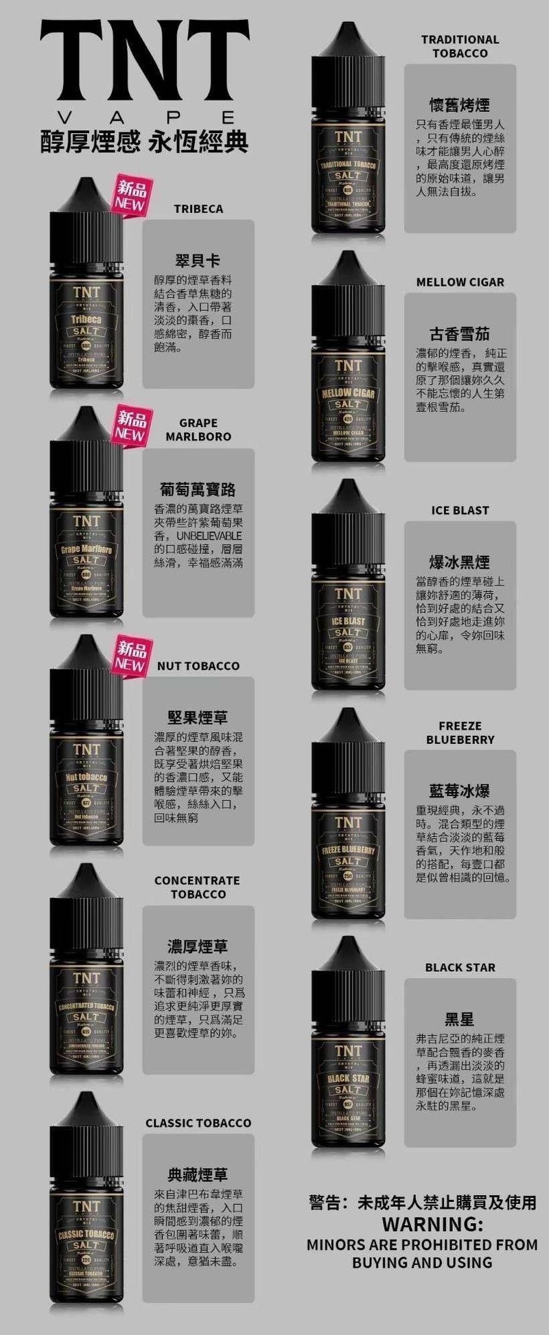 TNT 原装进口小烟油，官方正品保障无虞，现购五即可额外赠送一，丰富多样口味任你选，高纯度丁盐品质超优，正品现货速来抢购