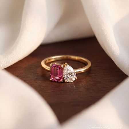 Personalized Two Birthstone Ring – Emerald Cut & Pear Cut Custom Ring