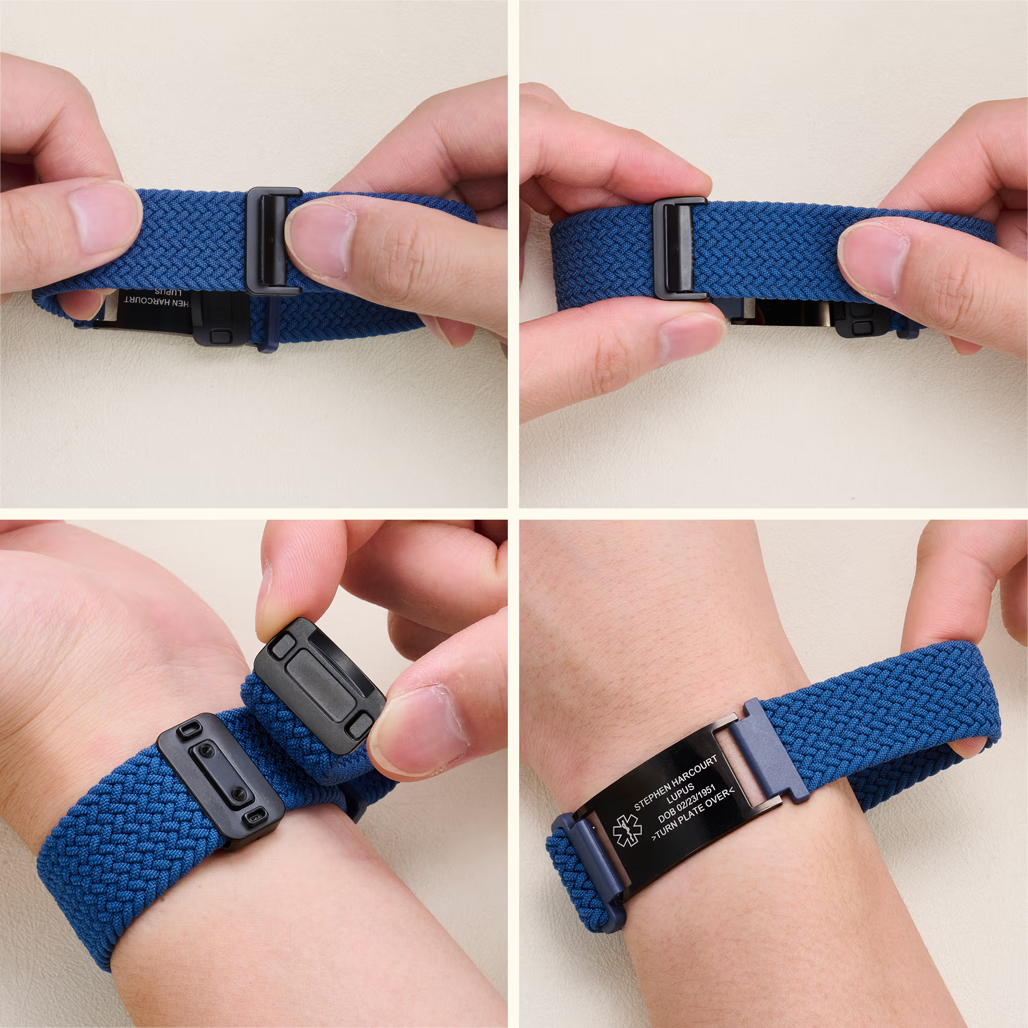 Vier Bildschritte zur Einstellung des blauen Armbands und zur Bedienung des Verschlusses