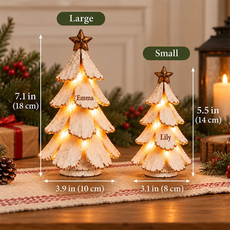 Large tree: 18 cm high and 10 cm wide; small tree: 14 cm high and 8 cm wide, also shown in inches