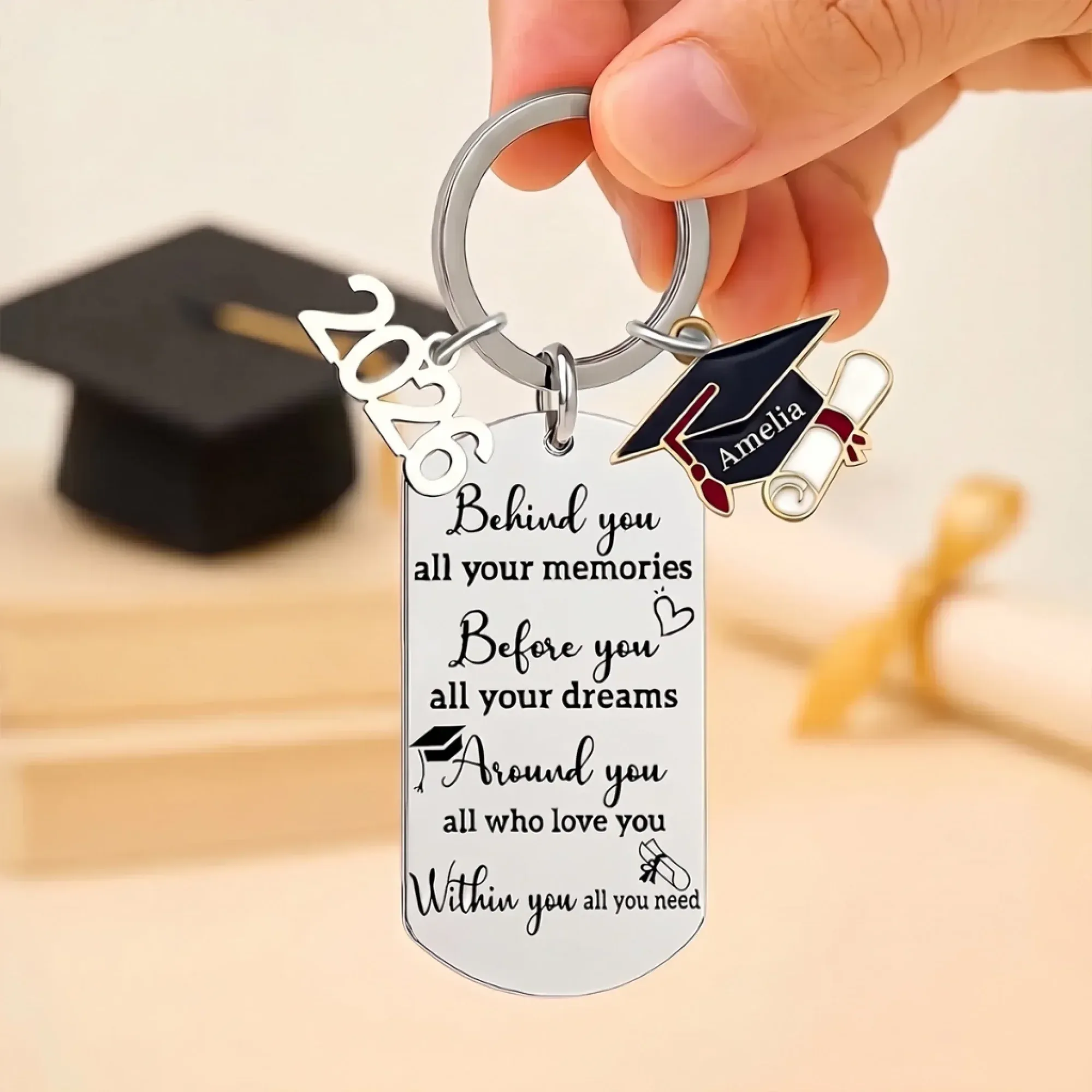 Memories Behind, Dreams Ahead, Love All Around - Family Personalized Custom Engraved Graduation Keychain - Graduation Gift For Family Members, Siblings, Brothers, Sisters