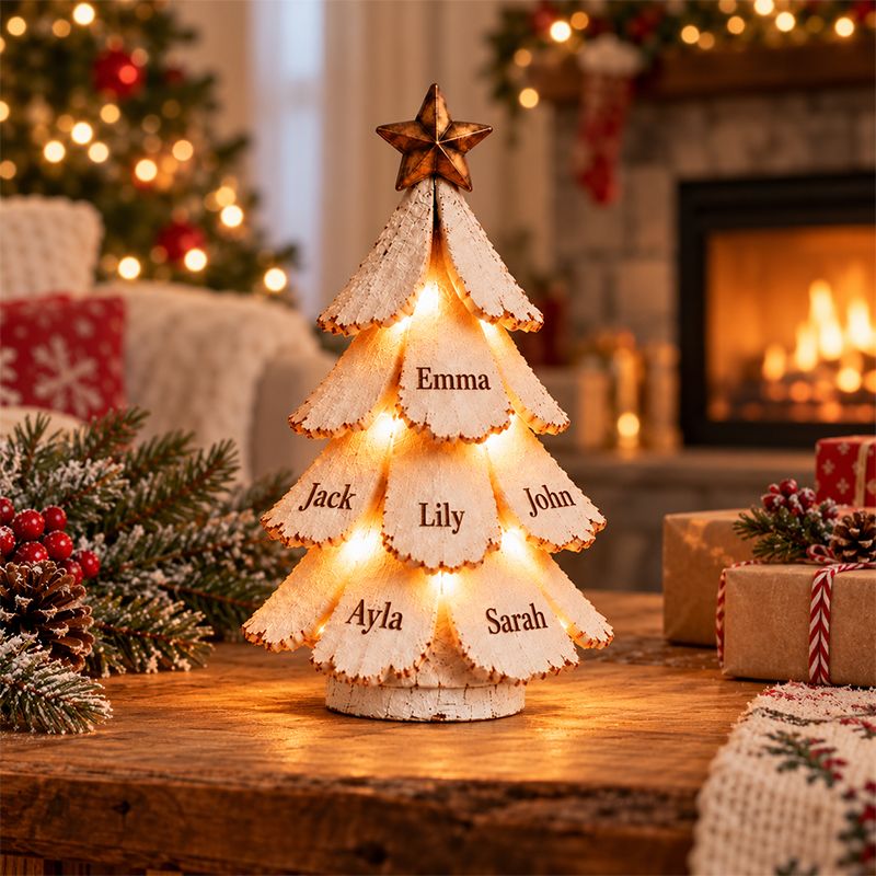 Personalised Christmas tree light in a festive living room setting