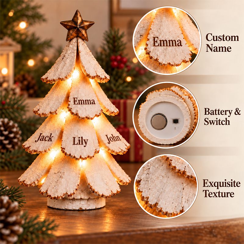 Close-up views of a personalised name, the battery and switch, and the snowy tree texture