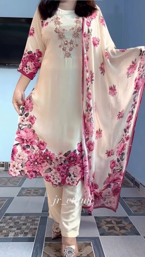 New Creap Silk Embroidered Suit With Dupatta
