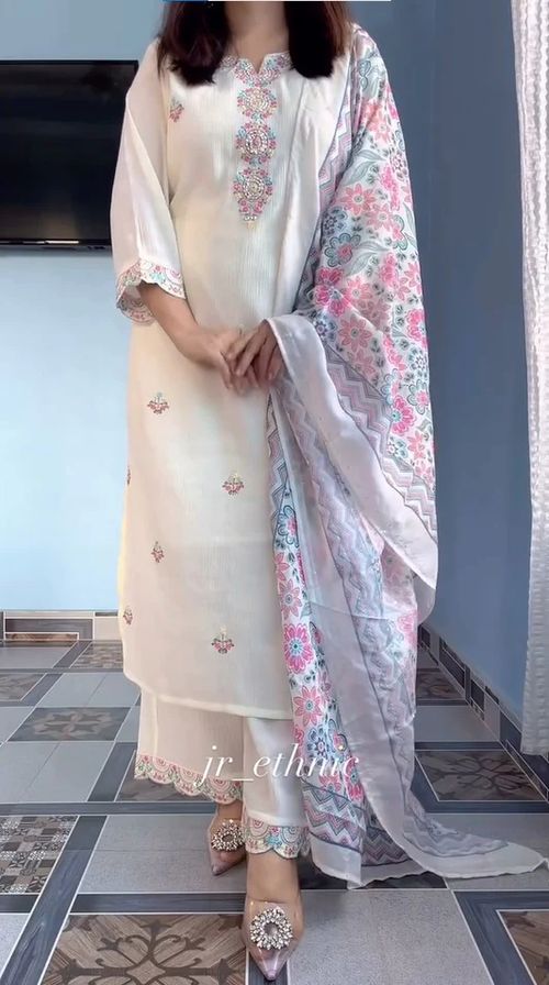 New Creap Silk Embroidered Suit With Dupatta