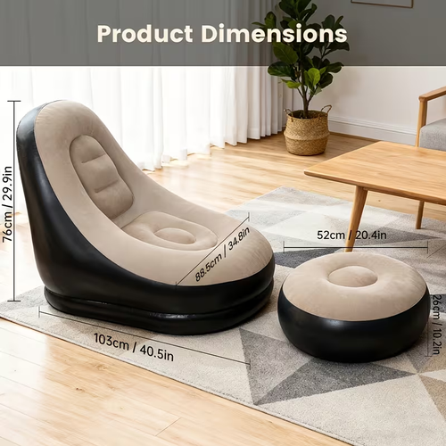 Adult Inflatable Recliner Sofa with Foot Stool  Heavy-Duty Portable Folding Air Couch Space-Saving IndoorOutdoor Lounge Chair 2pcs Outdoor Inflatable Sofa Set with Plush Fabric Lounge Chair & Footstool  Portable Inflatable Pump Included