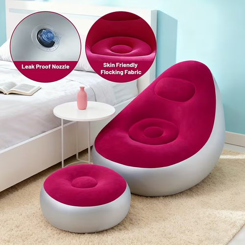 Adult Inflatable Recliner Sofa with Foot Stool  Heavy-Duty Portable Folding Air Couch Space-Saving IndoorOutdoor Lounge Chair 2pcs Outdoor Inflatable Sofa Set with Plush Fabric Lounge Chair & Footstool  Portable Inflatable Pump Included