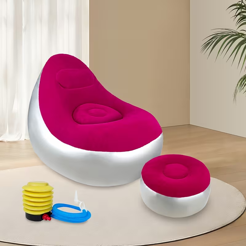 Adult Inflatable Recliner Sofa with Foot Stool  Heavy-Duty Portable Folding Air Couch Space-Saving IndoorOutdoor Lounge Chair 2pcs Outdoor Inflatable Sofa Set with Plush Fabric Lounge Chair & Footstool  Portable Inflatable Pump Included