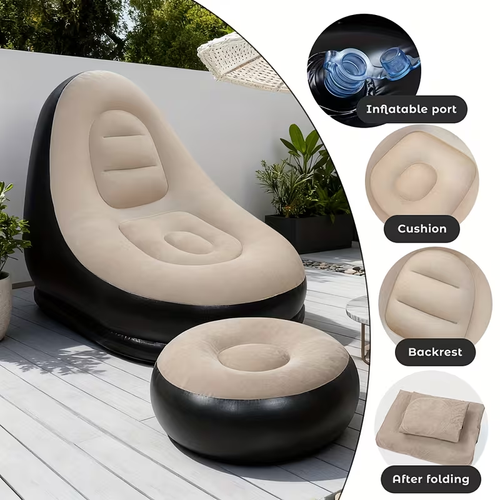 Adult Inflatable Recliner Sofa with Foot Stool  Heavy-Duty Portable Folding Air Couch Space-Saving IndoorOutdoor Lounge Chair 2pcs Outdoor Inflatable Sofa Set with Plush Fabric Lounge Chair & Footstool  Portable Inflatable Pump Included