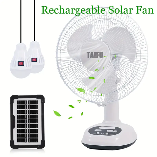 12 Inch Rechargeable Fan, AC DC Solar Fan Left And Right Shaking Head Rechargeable Fan With Solar Panel, USB Port, LED Light And 2 Free Bulbs