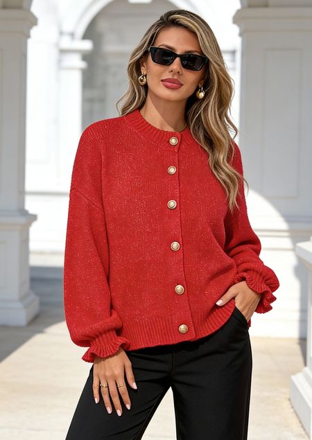 PRETTYGARDEN Womens Cropped Cardigans Trendy PRETTYGARDEN Long Sleeve Cropped Sweaters for Women Ruffle Oversized CardiganRuffle Open Front Chunky Knit Sweater Oversized Button Down Fall Clothes