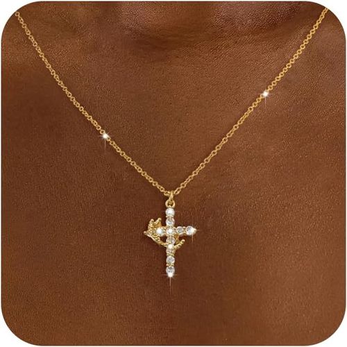 Luxury 18K Gold Plated Cross Necklace with Crown & Crystal Embellishments - Elegant Dainty Religious Pendant Jewelry for Women