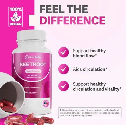 Rosabella Organic Beet Root Capsules - 1300mg Beet Root Powder Aids Healthy Circulation & Vitality, Non-GMO, Beet Root Supplement - 60 Capsules, 30-Day Supply