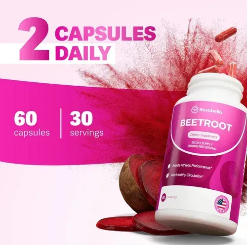 Rosabella Organic Beet Root Capsules - 1300mg Beet Root Powder Aids Healthy Circulation & Vitality, Non-GMO, Beet Root Supplement - 60 Capsules, 30-Day Supply