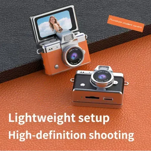 Retro Mini Flip Camera: Leather-textured body with metallic finish, palm-sized for easy fashion accessories. 180° flip screen for effortless selfies, with filter beautification and double buff support. High-definition anti-shake lens captures daily moments. Natural-looking selfies can also achieve vivid texture. Just slip it into your pocket and record the romance of life at any time. It is both a shooting tool and a self-attesting fashion item with an atmosphere.