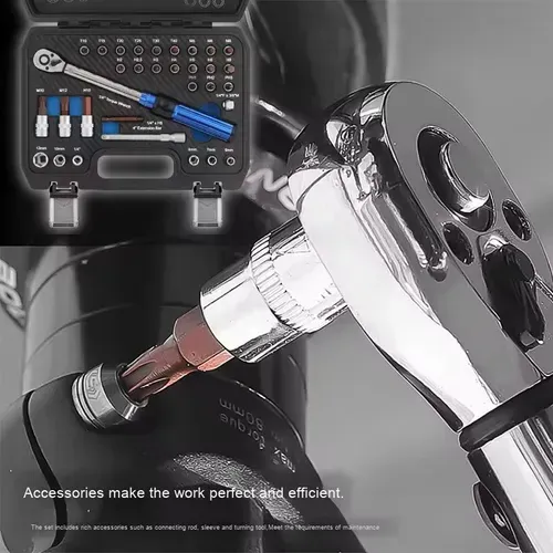 32-piece adjustable torque wrench set, suitable for various specifications of bolts. Adjustable torque range covers common usage, automatically disengages when reaching the preset value to avoid over-tightening or loosening. 72-tooth ratchet head is easy to adjust, the handle is anti-slip and saves effort. It can be used in narrow spaces and is suitable for both auto repair and DIY assembly, allowing precise and controllable screw tightening.