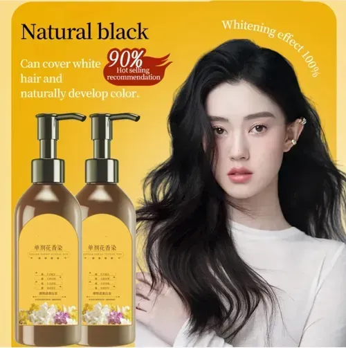 Plant Flower Fragrance Hair Dye (Natural Black): Single application fragrance scent, no pungent smell, simultaneous coloring and care. Press the pump head directly to apply and use immediately. Comb and apply for coloring. Achieve even and natural black color in 20 minutes. Order today, get 3 bottles, enough for 6 months. Suitable for re-dyeing and whitening. Can be dyed at home. Excellent value for money.
