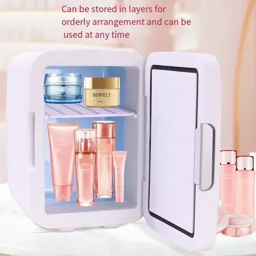 This mini fridge has a cute and delicate appearance. Its milk white color is very versatile and practical. It can hold drinks and cosmetics. It operates quietly without making noise. It can be adjusted to both cold and warm temperatures. It also has a makeup mirror for convenient touch-ups and skin care. It's a great choice for small spaces with big functions!