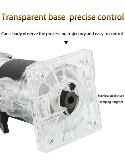 This electric trimmer for woodworking can be used for wood grooving, DIY trimming, arcing, and artistic carving. It's a versatile tool for woodworking and home improvement. Its transparent base provides precise visibility. Multiple speed settings adapt to different materials. The high-strength, durable milling cutter allows you to easily create exquisite woodworking projects and personalized home decor.