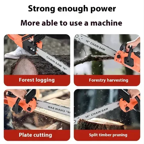 16-inch log cutting electric saw, effortlessly cutting 80cm wood. Large-capacity fast-charging lithium battery, freeing from the constraints of cables. High-hardness quenched chains are wear-resistant and durable, providing strong power. Suitable for various scenarios such as logging, pruning, and board cutting, it is an excellent choice for outdoor operations.