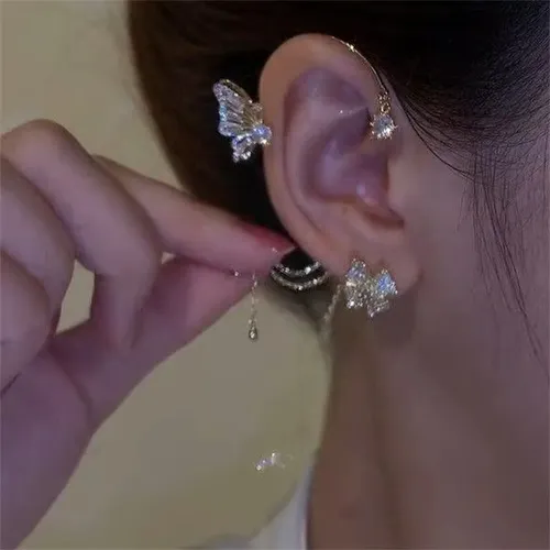 🔥New Design Crystal Butterfly Cuff Earrings Flower Tassel No Piercing Zircon Butterfly Ear Clip Earring for Women