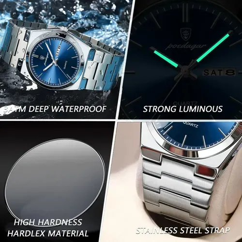 (🎅Christmas Special Price)Poedagar 930 Top Brand Luminous Hand Quartz Watch Men Fashion Business Calendar Watch Luxury Stainless Steel Watch