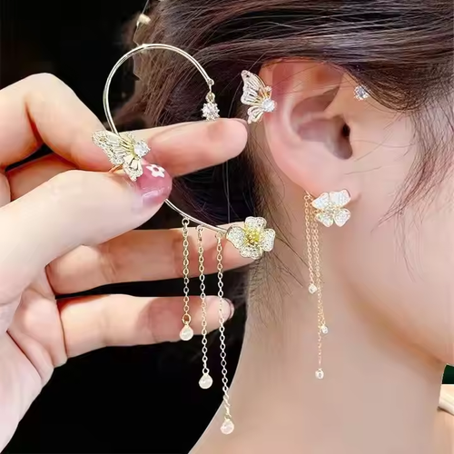 🔥New Design Crystal Butterfly Cuff Earrings Flower Tassel No Piercing Zircon Butterfly Ear Clip Earring for Women