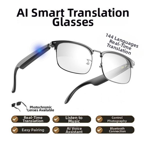 Color-changing AI translation glasses, combining communication and eye protection in one. The color-changing lenses automatically adapt to light conditions, with a blue light protection rate of 99.67%. It supports real-time multilingual translation via Bluetooth, has stereo interpretation through the frame, and is easy to operate with touch control. It has a battery life of 6 hours, suitable for both daily eye protection and cross-border communication.