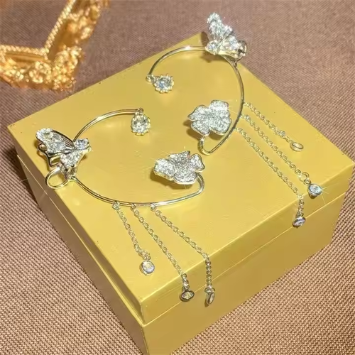 🔥New Design Crystal Butterfly Cuff Earrings Flower Tassel No Piercing Zircon Butterfly Ear Clip Earring for Women