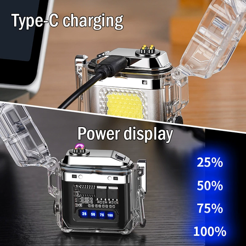 New transparent shell charging lighter, waterproof windproof double arc type-c fast charging lighter