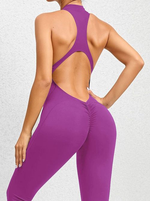 (One Size Fits All, Highly Elastic, Yoga Wear)ZASUWA Female Zipper Backless Scrunch Bum Jumpsuit