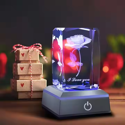 3D Crystal Square Rose Crystal with LED Night Light Christmas. Valentine's Day. Mother's Day. Birthday. Anniversary. Gift