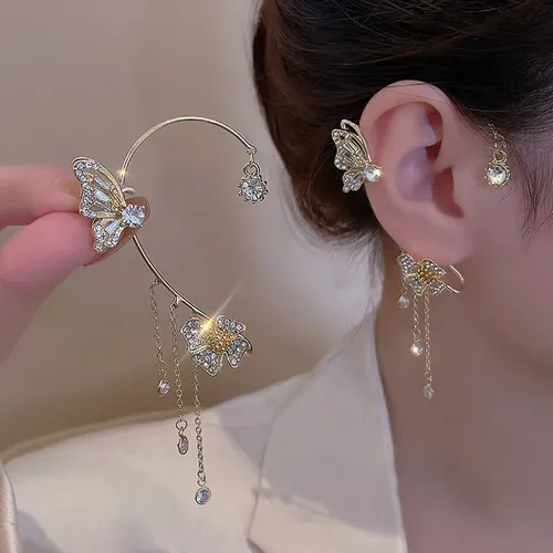 🔥New Design Crystal Butterfly Cuff Earrings Flower Tassel No Piercing Zircon Butterfly Ear Clip Earring for Women
