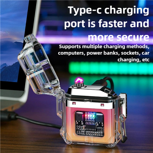 New transparent shell charging lighter, waterproof windproof double arc type-c fast charging lighter