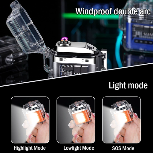 New transparent shell charging lighter, waterproof windproof double arc type-c fast charging lighter