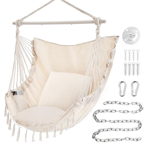 Single Hammock Chair (Includes 2 Cushions), with Hanging Hardware and Wooden Spreader Bar