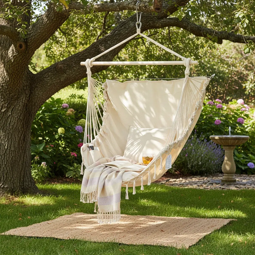 Single Hammock Chair (Includes 2 Cushions), with Hanging Hardware and Wooden Spreader Bar