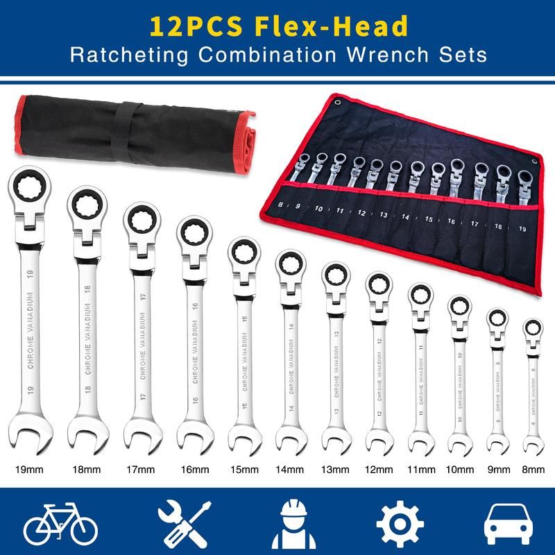 Ratchet wrench set with adjustable heads, 12-piece metric combination ratchet wrench set.