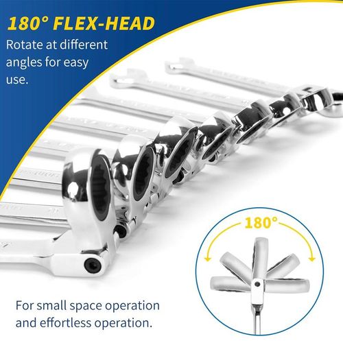 Ratchet wrench set with adjustable heads, 12-piece metric combination ratchet wrench set.
