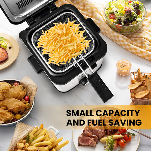 1500W electric fryer with frying basket and adjustable temperature.