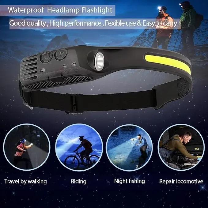 LED Headlamp Rechargeable- 230° COB Super Bright Head Lights for Forehead USB C Headband Flashlight for Work Hiking Running Camping Essentials Gear