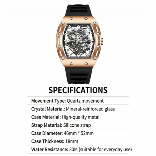 High End Men's Skeleton Watch  Black and Gold Color Scheme