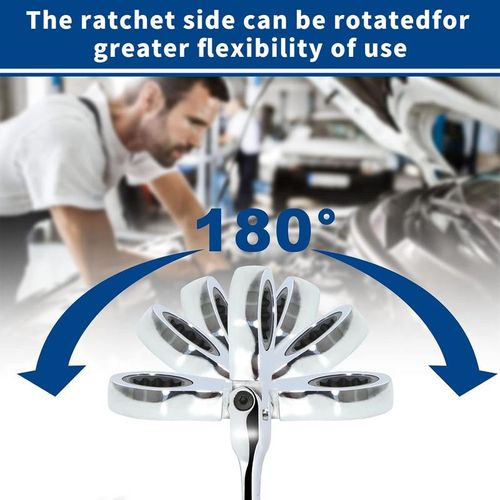 Ratchet wrench set with adjustable heads, 12-piece metric combination ratchet wrench set.