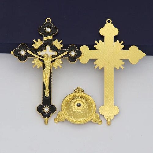 Metal Cross Desktop Ornament - Catholic desktop cross with base, suitable for Christian prayer, Jerusalem style decoration.