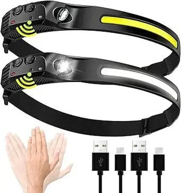 LED Headlamp Rechargeable- 230° COB Super Bright Head Lights for Forehead USB C Headband Flashlight for Work Hiking Running Camping Essentials Gear