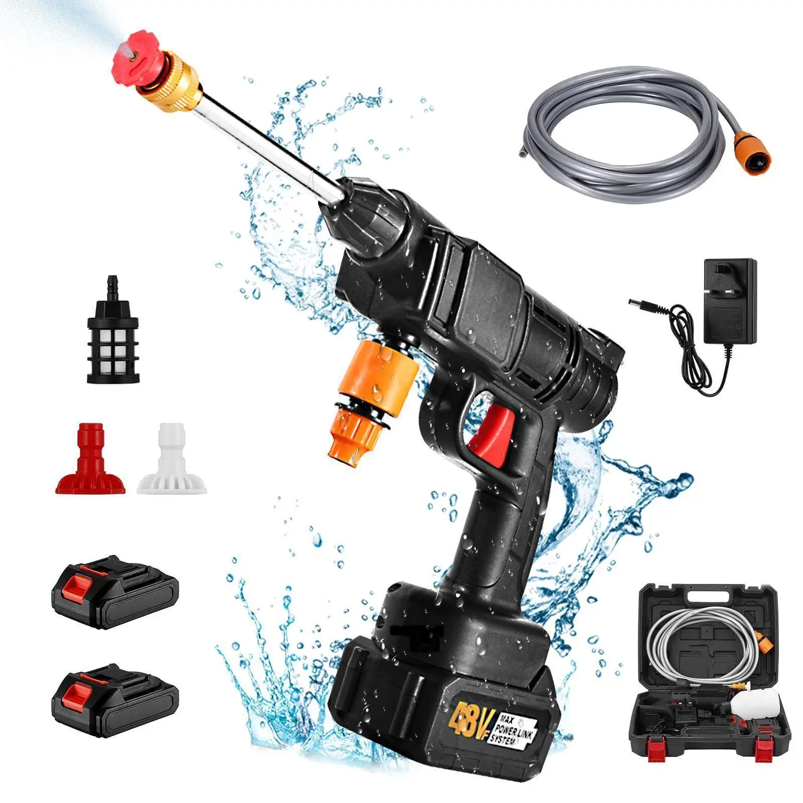 Portable cordless high-pressure washer – high-pressure car wash spray gun with nozzle.