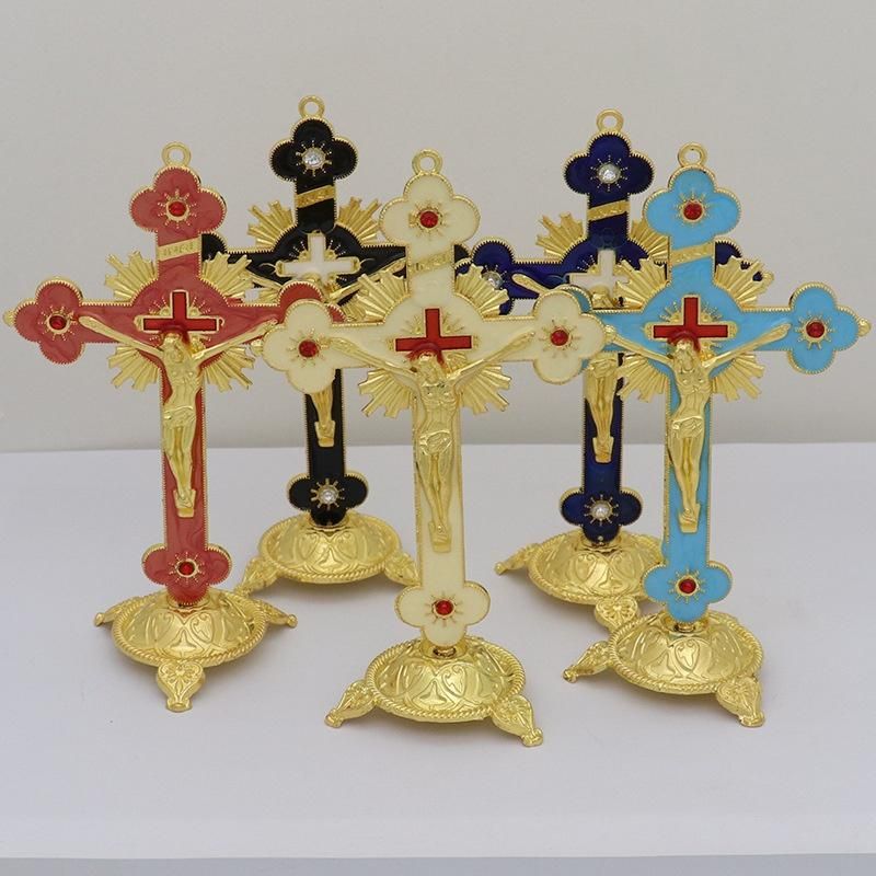 Metal Cross Desktop Ornament - Catholic desktop cross with base, suitable for Christian prayer, Jerusalem style decoration.