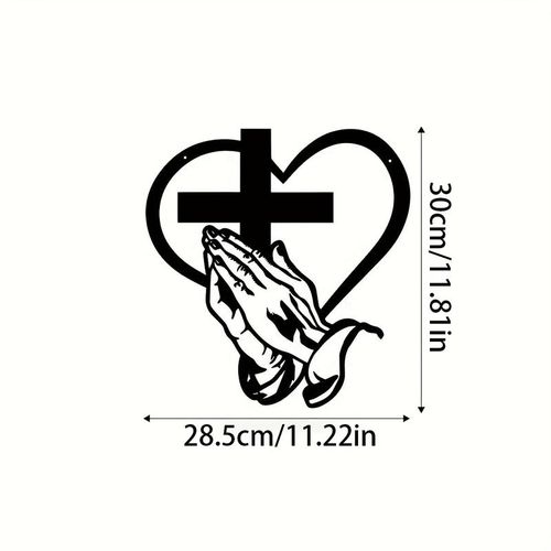Elegant metal Christian heart-shaped cross wall decor, featuring praying hands design, suitable for indoor and outdoor use.  Iron art sculpture.
