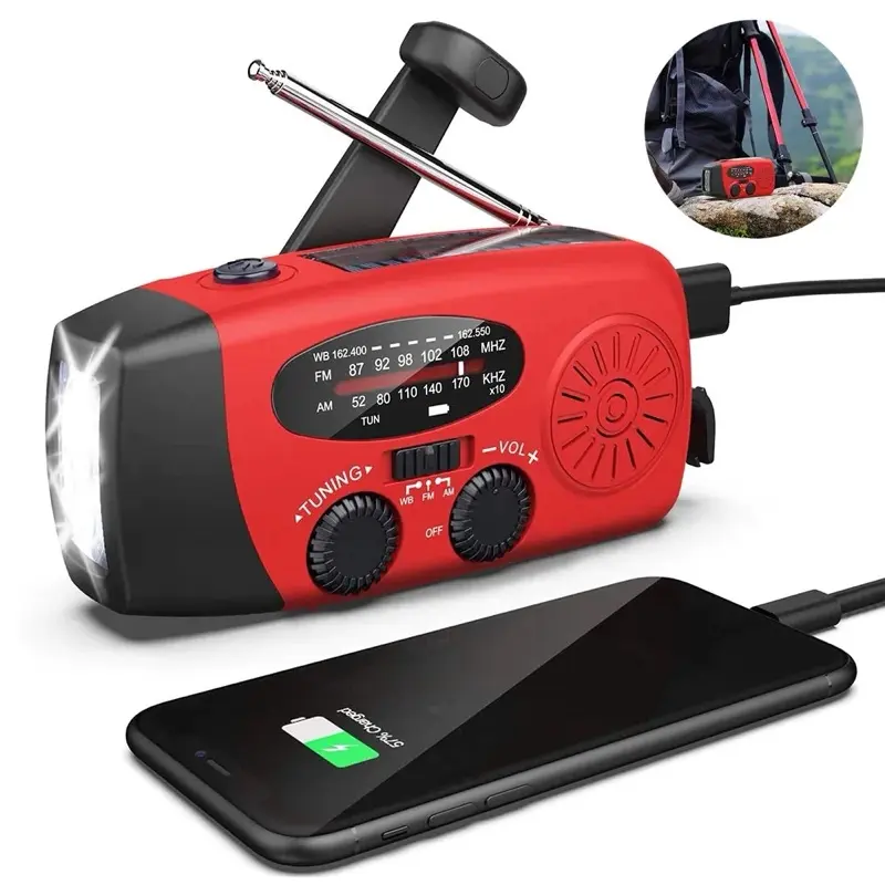 solar and hand crank emergency radio with flashlight