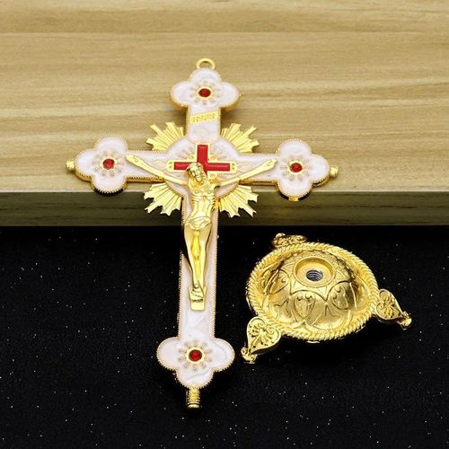 Metal Cross Desktop Ornament - Catholic desktop cross with base, suitable for Christian prayer, Jerusalem style decoration.